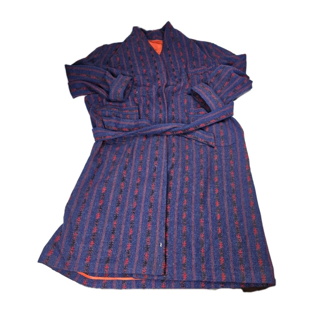 Mens Vintage 50s 60s Blue Red Striped Shawl Collar Robe Pajamas Loungewear L